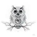 An intricate design of an owl perched on a branch with gears and robotic elements incorporated tattoo design idea