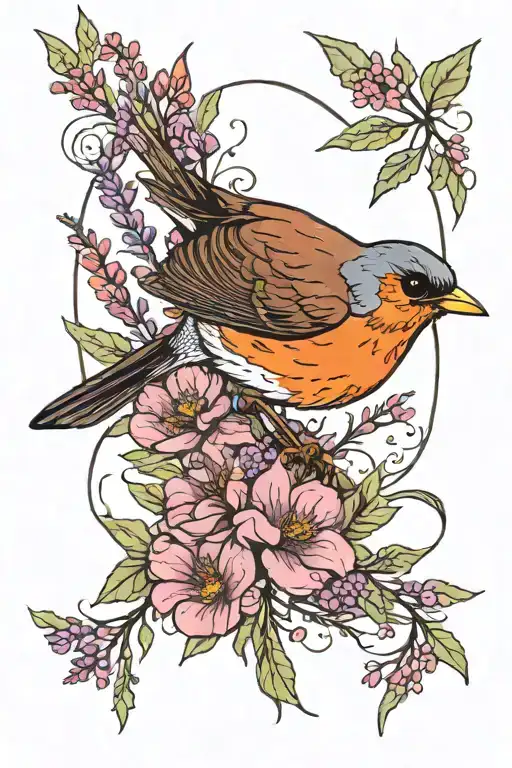 Robin surrounded by heather tattoo design idea
