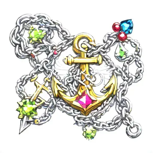 anchor with peridot gem stone with topaz, ruby, and sapphire colored chain links tattoo design idea