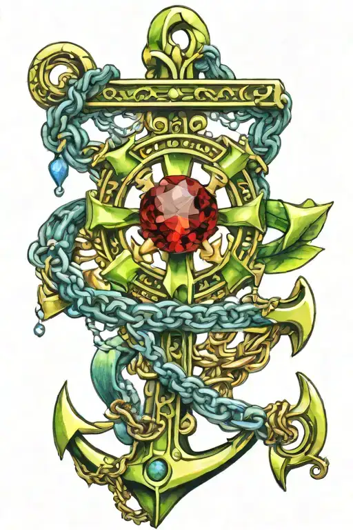 peridot colored boat anchor with topaz, ruby, and sapphire chain links tattoo design idea