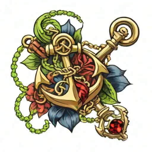 anchor with peridot gem stone with topaz, ruby, and sapphire colored chain links tattoo design idea