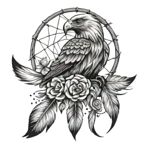 dreamcatcher with one rose and an eagle feather  tattoo design idea