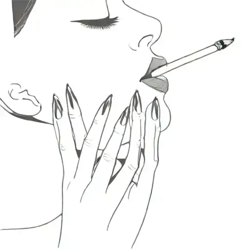 woman smoking with long lashes pointy nails black white only tattoo design idea