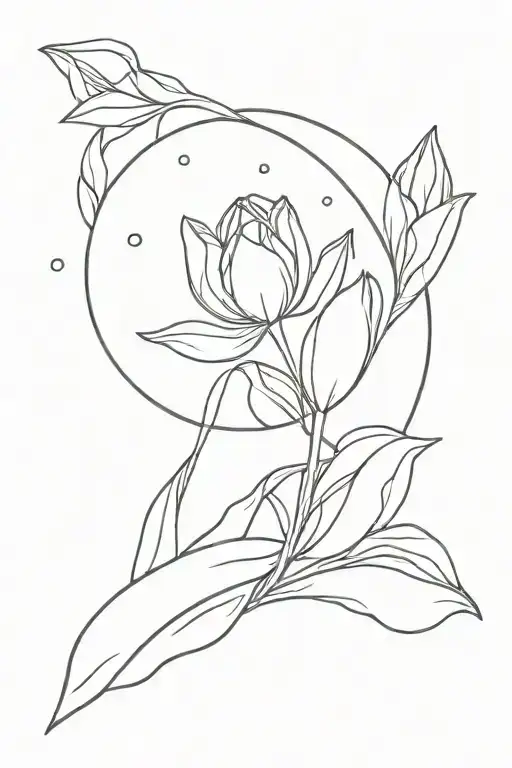 Half present moon, surrounded by leaves and open and close tulips tattoo design idea