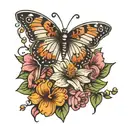 cross, flowers, butterfly, semicolon butterfly tattoo design idea