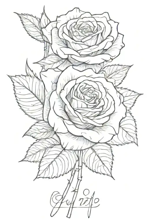 rose with name Janice in cursive as the stem with the date 1975 - 2018 as Roman numerals tattoo design idea