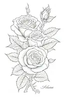 rose with name Janice in cursive as the stem with the date 1975 - 2018 as Roman numerals on forarm tattoo design idea