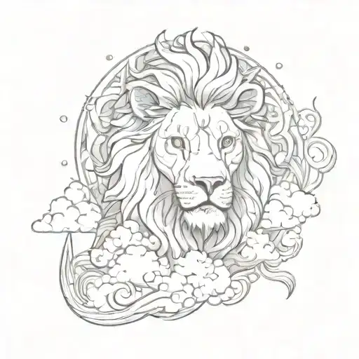 An lion figure smoking weed surrounded by heavenly clouds tattoo design idea