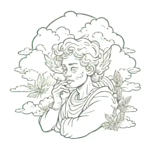An angelic figure smoking weed surrounded by heavenly clouds tattoo design idea