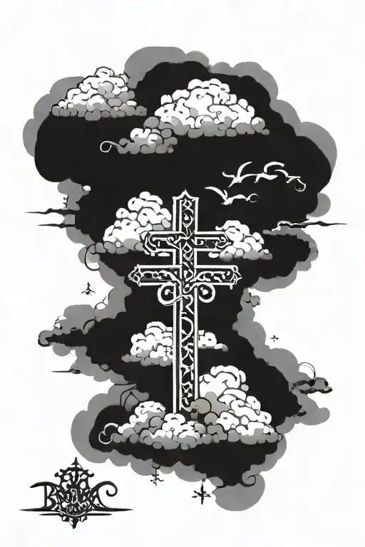 clouds surrounding with 3 crosses tattoo design idea