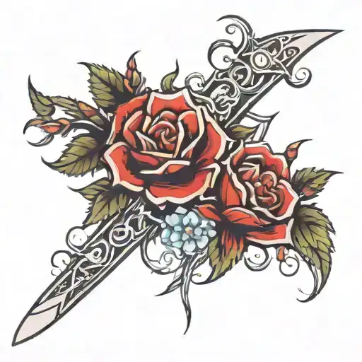 dagger and branch of thorns and flowers tattoo design idea
