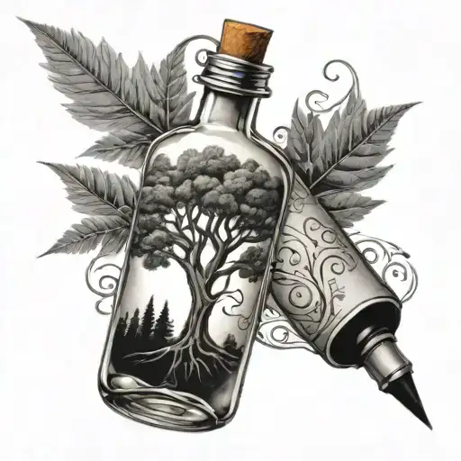 A pen and ink bottle morphing into a tree, symbolizing the power of creativity and thinking outside the box tattoo design idea