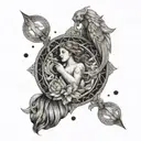 A tattoo design featuring a mentor guiding a Virgo and Scorpio symbol towards peace and beauty tattoo design idea