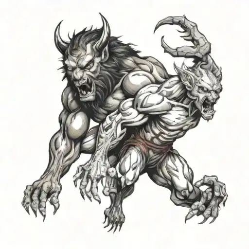 A tattoo design of a devil and a werewolf engaged in a fierce battle, symbolizing the internal struggle between passion and restraint tattoo design idea