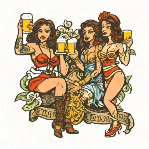 A tattoo design of a group of women holding beer mugs and money bags, embodying the themes of wealth, luxury, and female empowerment tattoo design idea