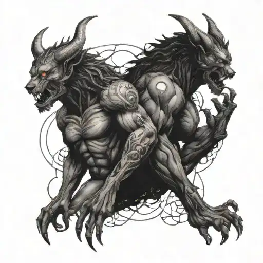 An intricate tattoo design of a devil and a werewolf intertwined in a passionate embrace, representing the complexity of love and desire tattoo design idea
