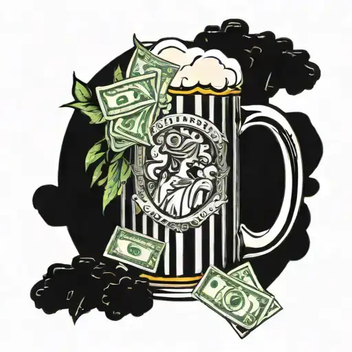 A tattoo design featuring a beer mug surrounded by stacks of money and glamorous women, symbolizing wealth and luxury tattoo design idea
