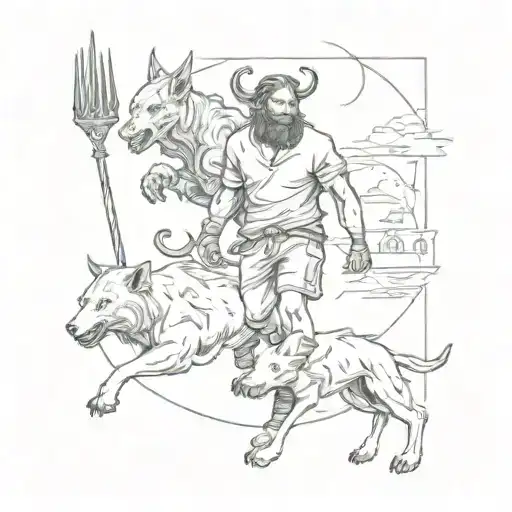 A tattoo design of a determined figure walking towards a goal with a devil and werewolf as companions, representing the journey towards success tattoo design idea