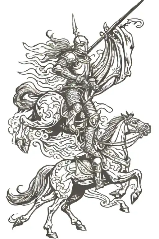 knight on horse that is killing a dragon with a lance. castle in background tattoo design idea