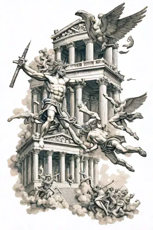 Temple of Olympus and Zeus and Icarus falling and Spartan soldiers in naval battle tattoo design idea