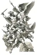 Temple of Olympus and Zeus and Icarus falling and Spartan soldiers in naval battle tattoo design idea