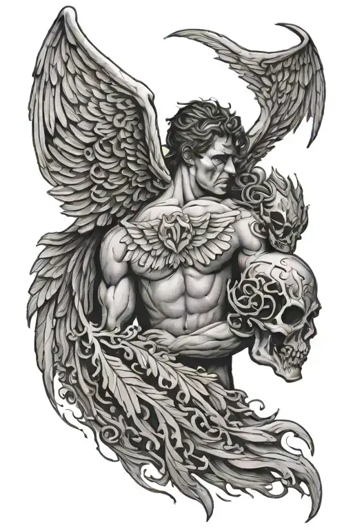 an angels back and wings hovering over a dead demon (facing away from me)  tattoo design idea