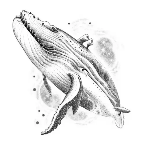 A humpback whale swimming through a galaxy filled with musical notes tattoo design idea