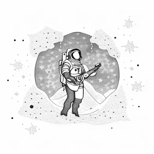 An astronaut playing a guitar on the moon with a constellation of musical instruments forming in the background tattoo design idea