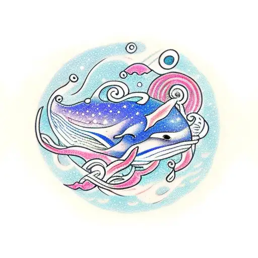 A whale swimming through a cosmic ocean of musical notes tattoo design idea