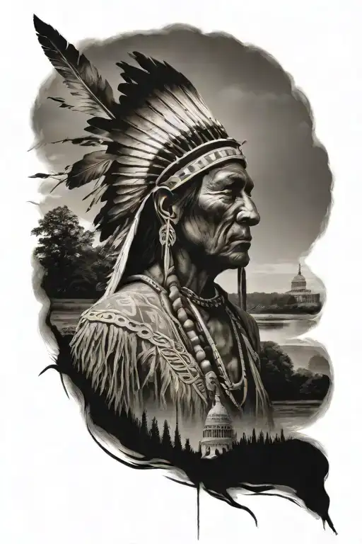native American with a rural Maryland background with the Washington monument and us capitol in the distance tattoo design idea