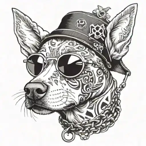 A stylized portrait of your dog wearing a chain and sunglasses, surrounded by 90s hip hop symbols tattoo design idea