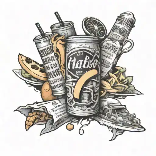 A sleeve tattoo featuring a mix of your favorite foods intertwined with iconic 90s hip hop album covers tattoo design idea