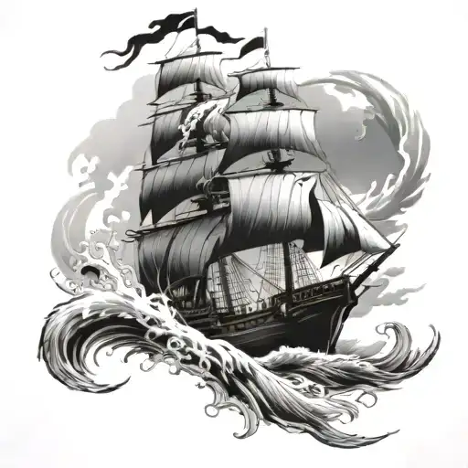 waves, pirate ship,  tattoo design idea
