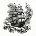 waves, pirate ship,  tattoo design idea