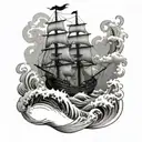 waves, pirate ship,  tattoo design idea