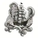 waves, pirate ship,  tattoo design idea