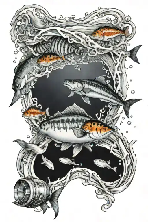 ocean pendulum with variety of salt water fish wrapped around it. tattoo design idea