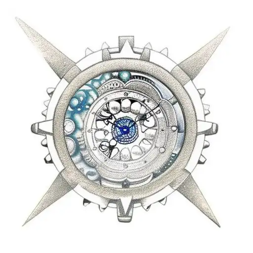 A pocket watch with gears and cogs, surrounded by celestial elements like stars and planets tattoo design idea