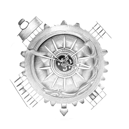 A pocket watch with gears and cogs, surrounded by celestial elements like stars and planets tattoo design idea