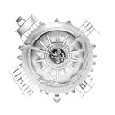 A pocket watch with gears and cogs, surrounded by celestial elements like stars and planets tattoo design idea