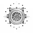 A pocket watch with gears and cogs, surrounded by celestial elements like stars and planets tattoo design idea