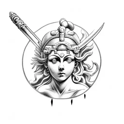 Create a tattoo design of Themis with blindfolded eyes, holding a sword in one hand and a balance scale in the other. Surround her with Greek/Roman mythological sculptures and buildings. Use only black ink, no colors. tattoo design idea