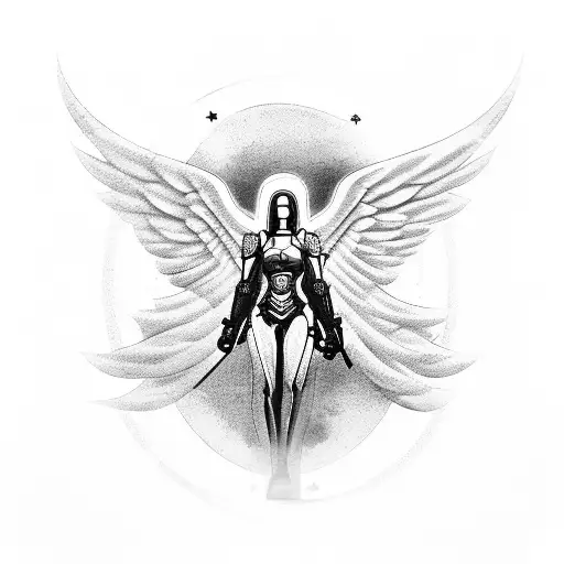 A futuristic depiction of a guardian angel protecting a military base tattoo design idea