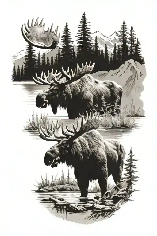 moose and trout in wilderness scene tattoo design idea