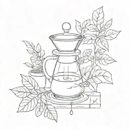 A barista brewing coffee in a chemex surrounded by coffee plant leaves tattoo design idea