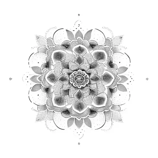 A blackwork tattoo of a mandala with lilies scattered throughout the design tattoo design idea