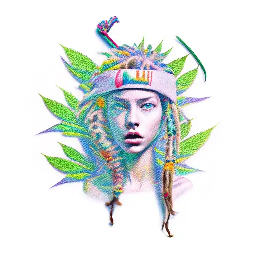 dreadlock girl and marihuana leaf tattoo design idea