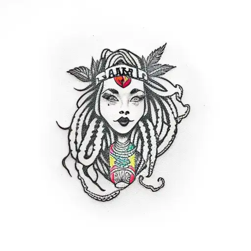 dreadlock girl and marihuana leaf tattoo design idea
