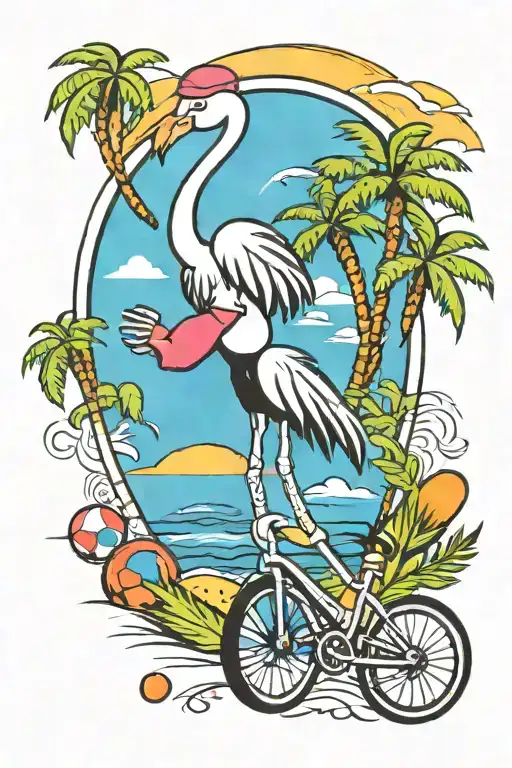 flamingo riding unicycle juggling bowling pins palm trees in background  tattoo design idea