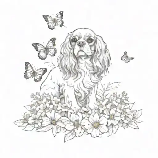 cavalier king charles spaniel playing in flowers with butterfly tattoo design idea